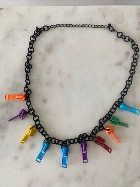 Vintage Multicolor Zipper Charm Necklace on Black Chain